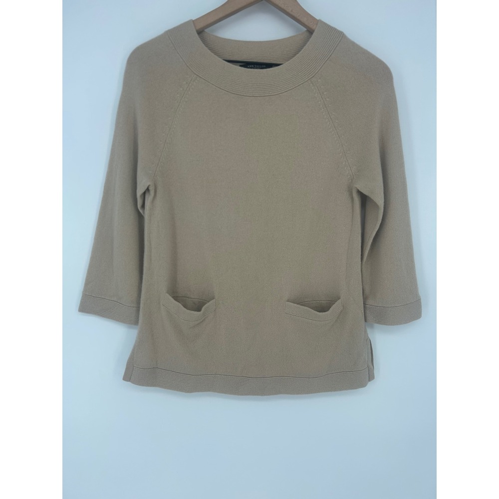 Ann Taylor 100% Cashmere Beige 3/4 Sleeve Pullover Sweater With Patch Pockets-S